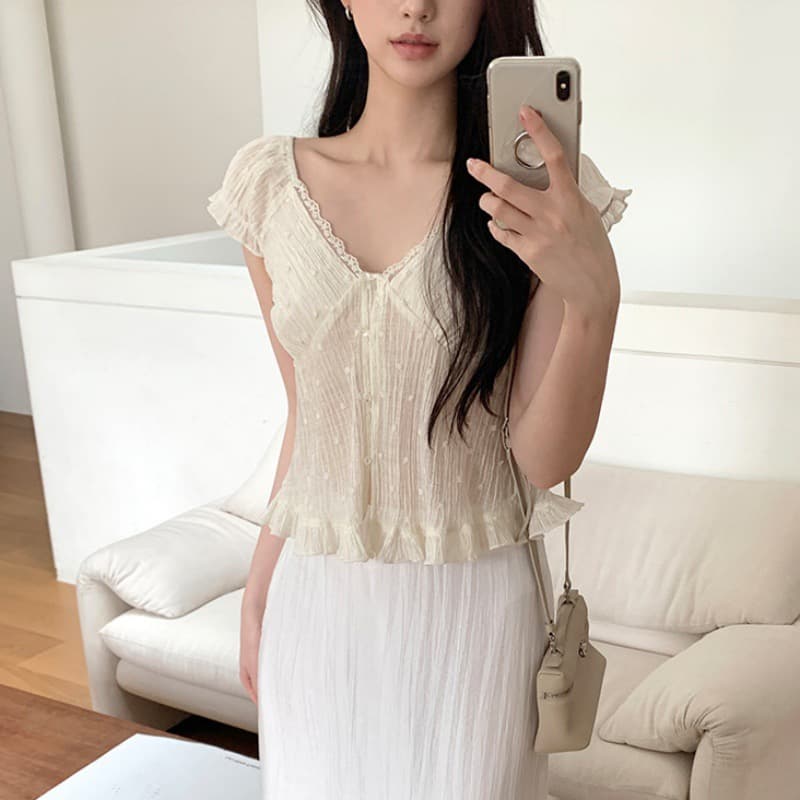 재고 있음 한 부서 여름 신선함 V넥 귀여운 연령 감소 인형 셔츠 일상 다용도 작은 셔츠 상세 이미지 1