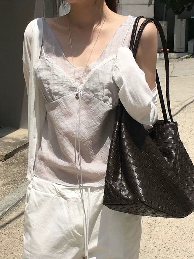 재고 있음 한 부서 순수한 욕망 바람 레이스 레이스 캐미솔 프랑스식 품격 작은 대중 빛 ~을 통해 레이스업 페이크 레이어드 이미지 2