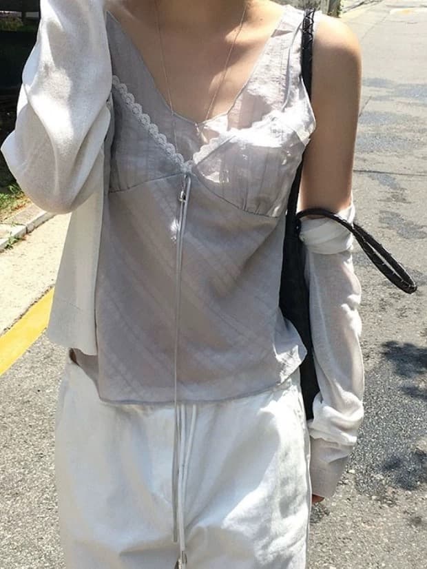재고 있음 한 부서 순수한 욕망 바람 레이스 레이스 캐미솔 프랑스식 품격 작은 대중 빛 ~을 통해 레이스업 페이크 레이어드