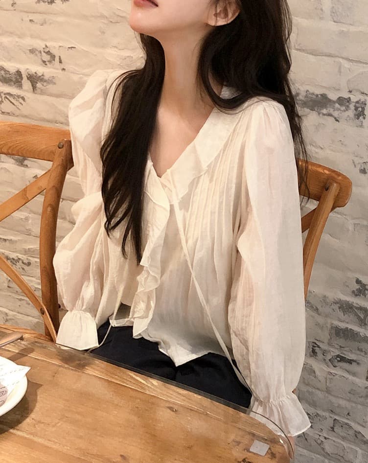 있음 창고 chic 달콤한 스타일 무거운 작업 플리츠 프릴 리본 얇은 스타일 여성 셔츠 이미지 4