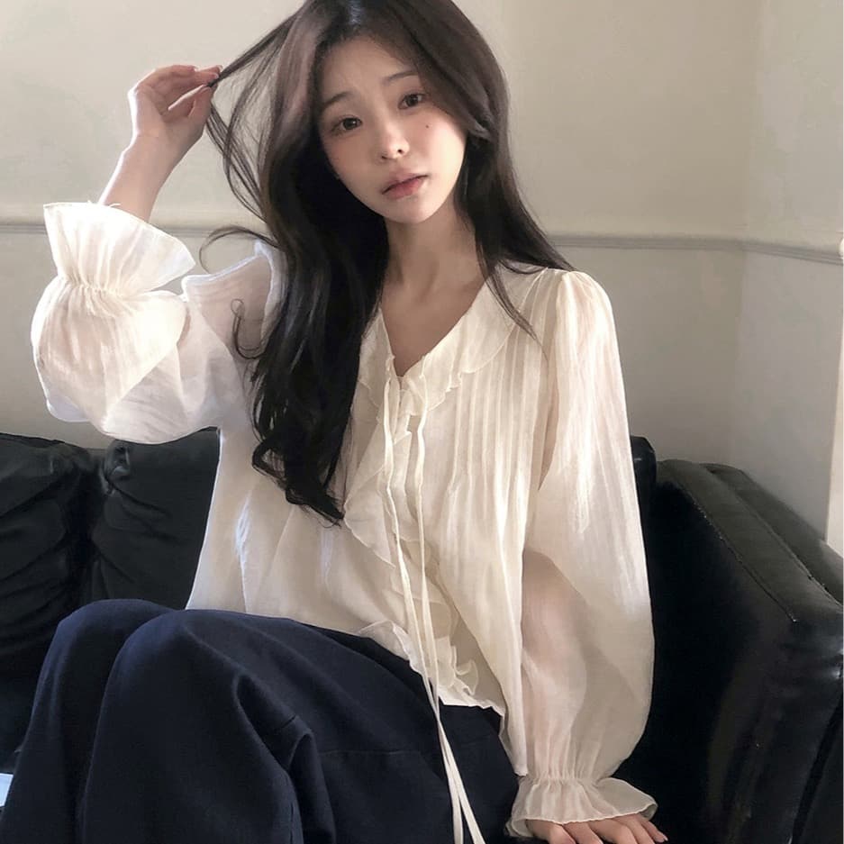 있음 창고 chic 달콤한 스타일 무거운 작업 플리츠 프릴 리본 얇은 스타일 여성 셔츠