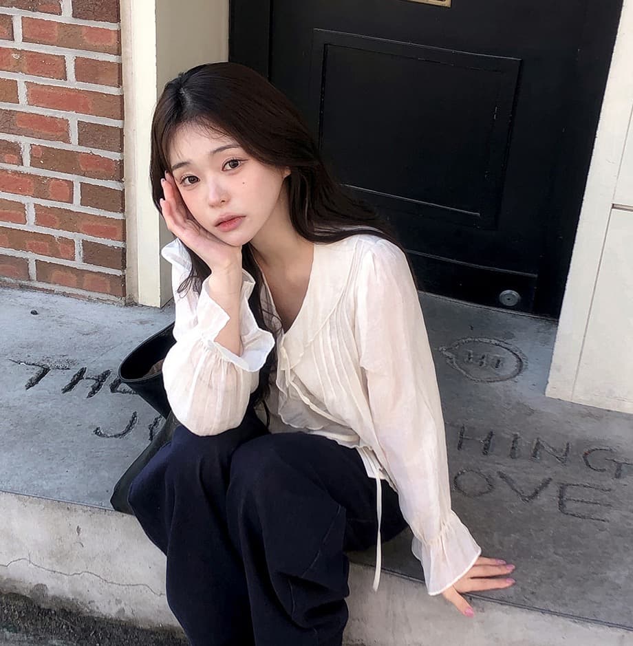 있음 창고 chic 달콤한 스타일 무거운 작업 플리츠 프릴 리본 얇은 스타일 여성 셔츠 상세 이미지 2