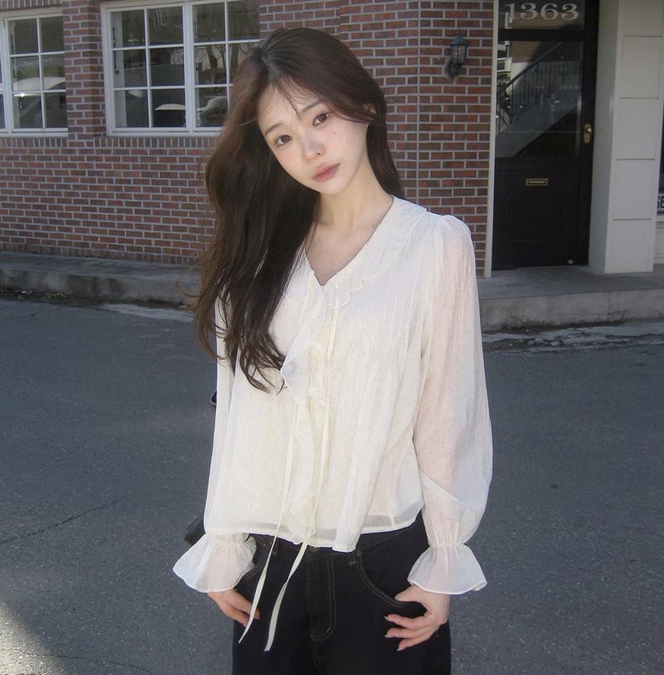 있음 창고 chic 달콤한 스타일 무거운 작업 플리츠 프릴 리본 얇은 스타일 여성 셔츠 상세 이미지 3