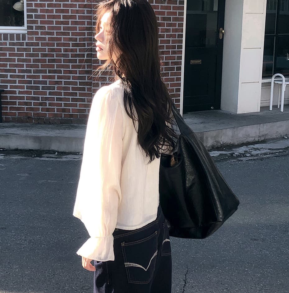 있음 창고 chic 달콤한 스타일 무거운 작업 플리츠 프릴 리본 얇은 스타일 여성 셔츠 상세 이미지 4
