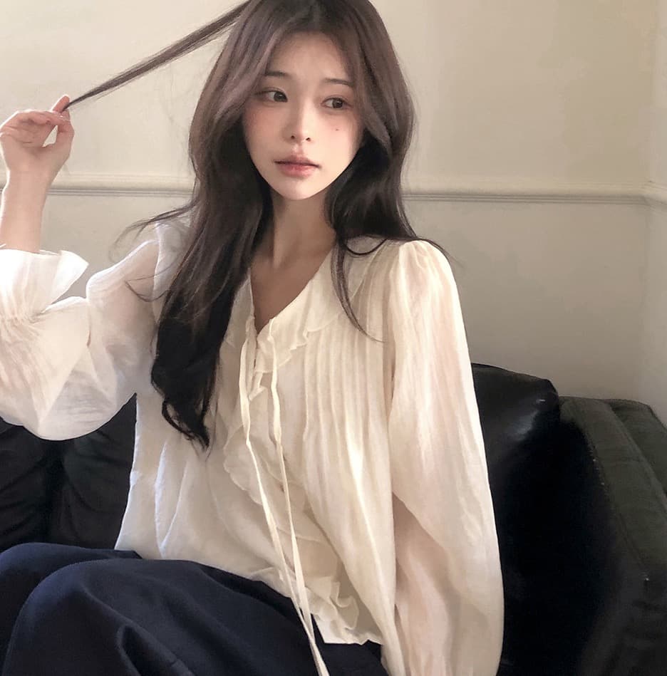 있음 창고 chic 달콤한 스타일 무거운 작업 플리츠 프릴 리본 얇은 스타일 여성 셔츠 상세 이미지 7
