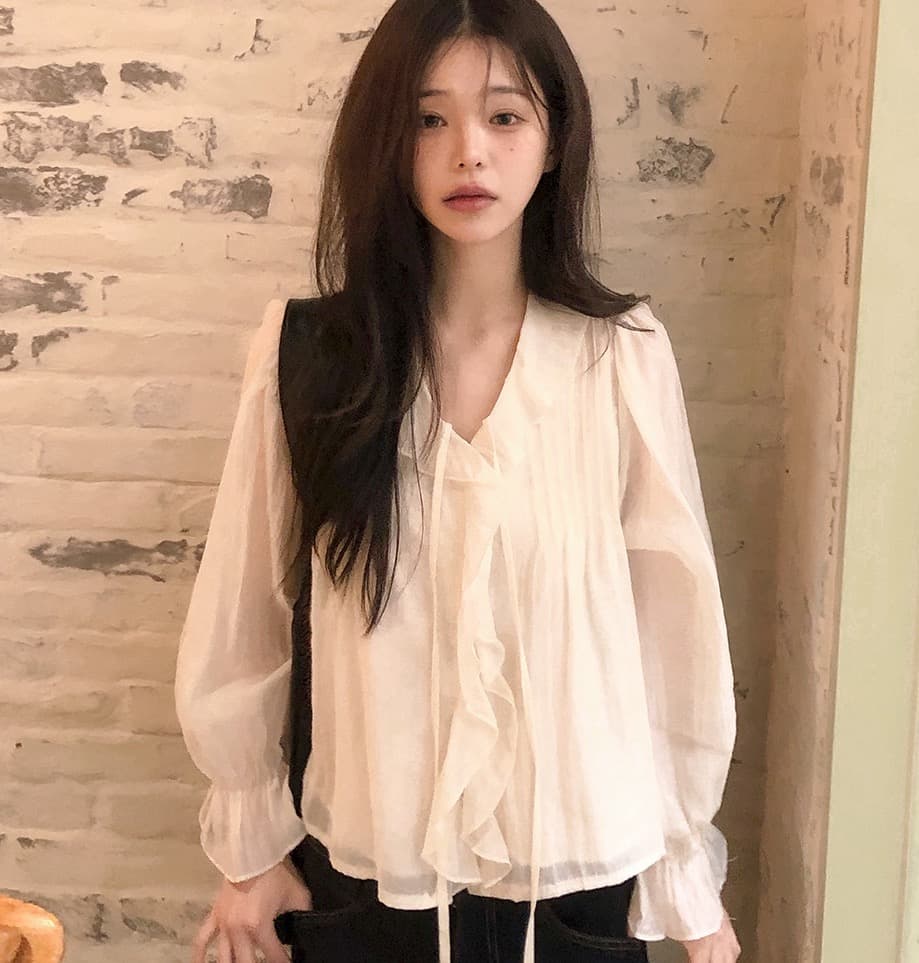 있음 창고 chic 달콤한 스타일 무거운 작업 플리츠 프릴 리본 얇은 스타일 여성 셔츠 상세 이미지 9