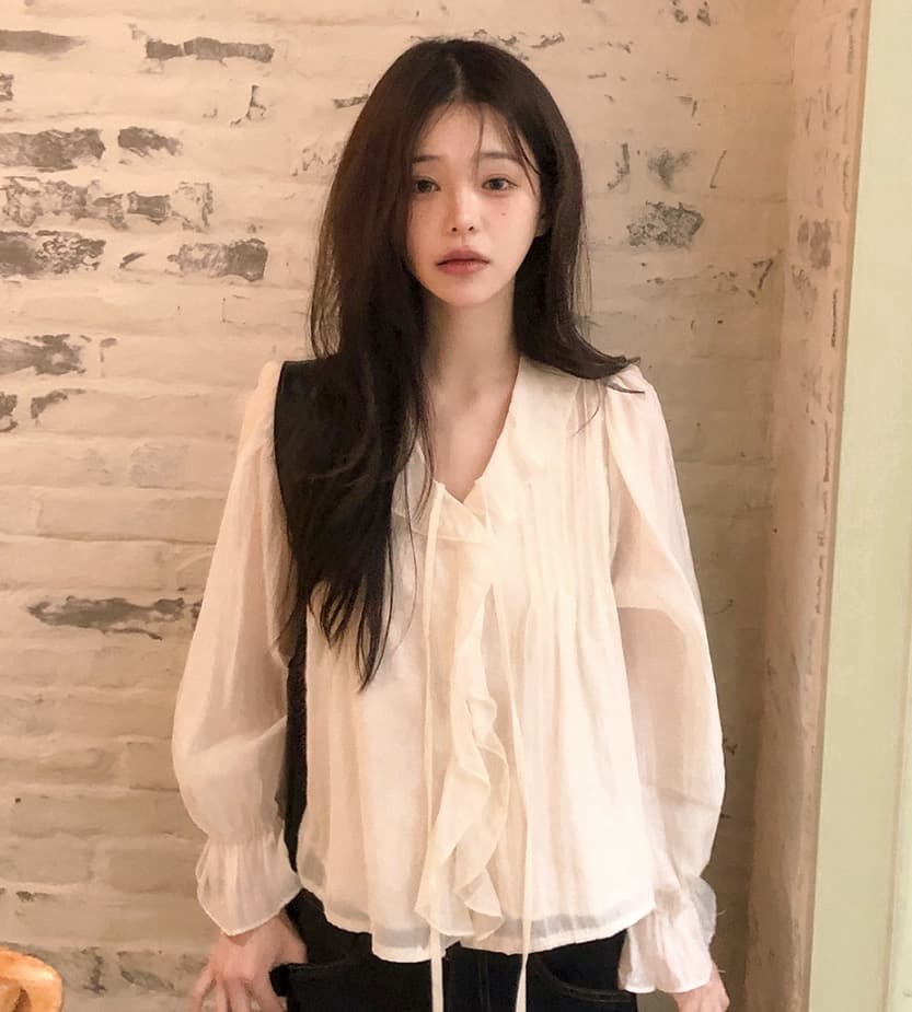 있음 창고 chic 달콤한 스타일 무거운 작업 플리츠 프릴 리본 얇은 스타일 여성 셔츠 상세 이미지 10