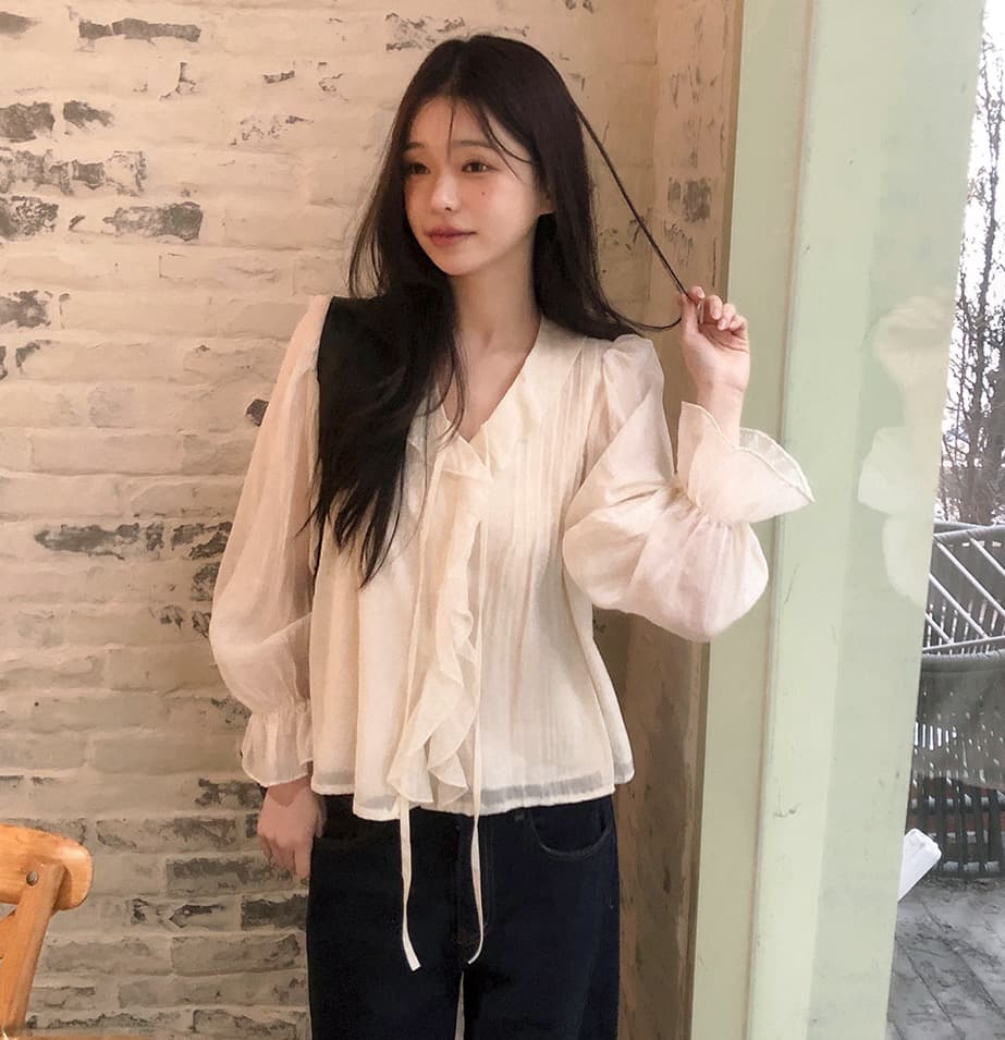 있음 창고 chic 달콤한 스타일 무거운 작업 플리츠 프릴 리본 얇은 스타일 여성 셔츠 상세 이미지 11
