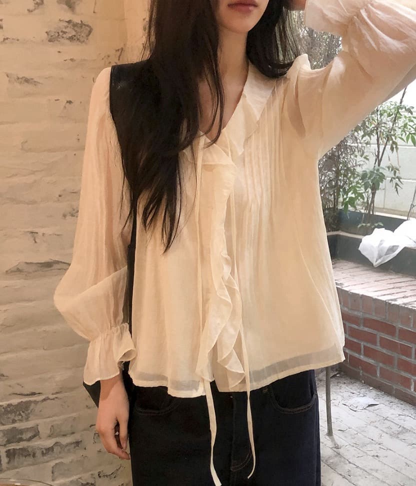 있음 창고 chic 달콤한 스타일 무거운 작업 플리츠 프릴 리본 얇은 스타일 여성 셔츠 상세 이미지 12