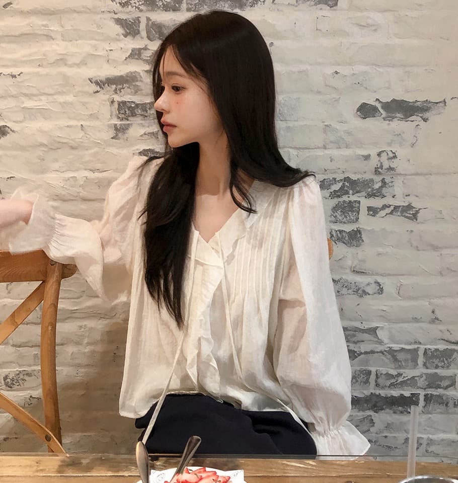 있음 창고 chic 달콤한 스타일 무거운 작업 플리츠 프릴 리본 얇은 스타일 여성 셔츠 상세 이미지 13