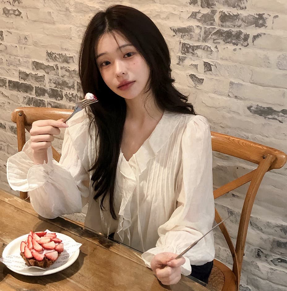 있음 창고 chic 달콤한 스타일 무거운 작업 플리츠 프릴 리본 얇은 스타일 여성 셔츠 상세 이미지 15