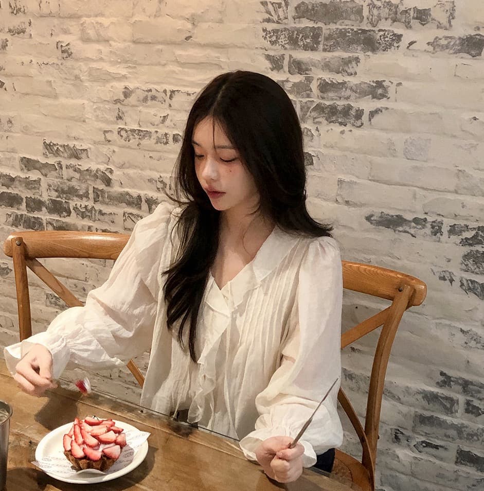 있음 창고 chic 달콤한 스타일 무거운 작업 플리츠 프릴 리본 얇은 스타일 여성 셔츠 상세 이미지 16