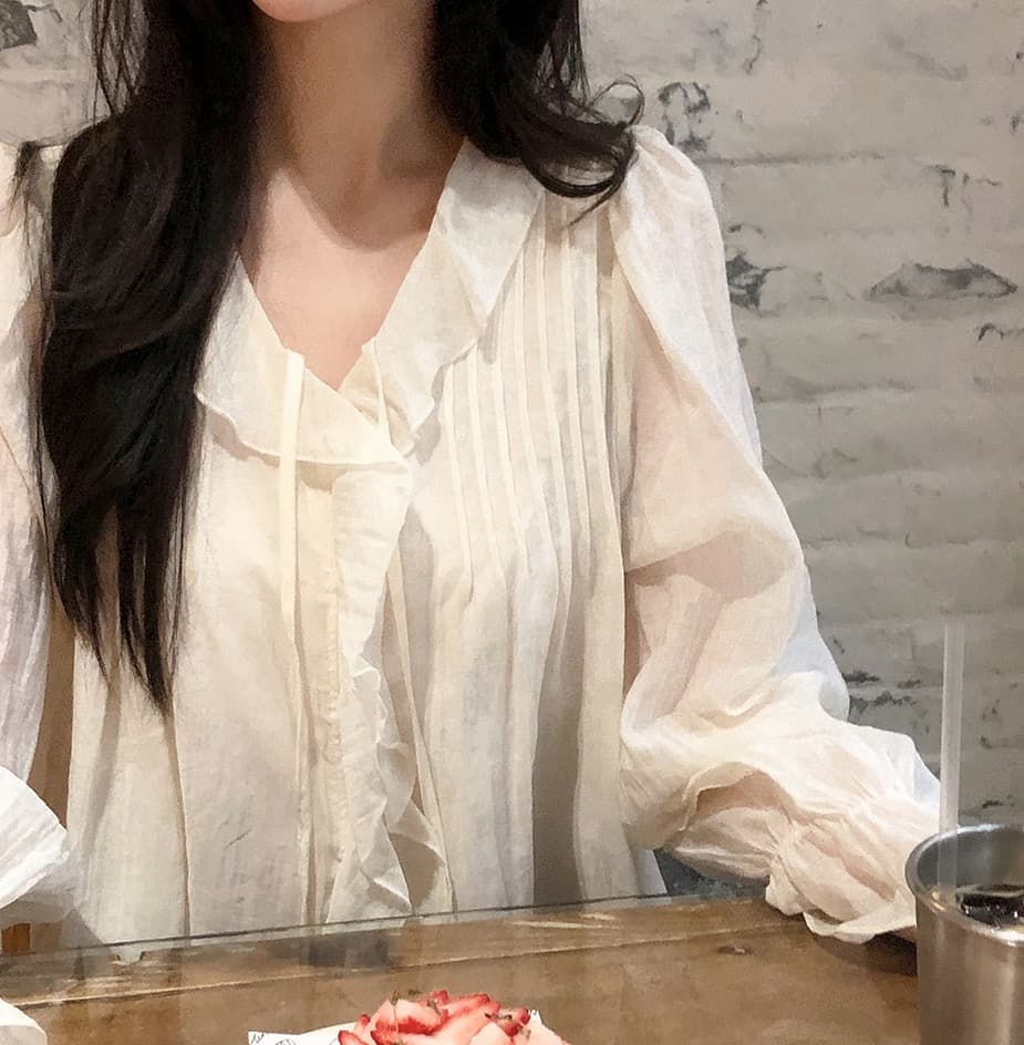 있음 창고 chic 달콤한 스타일 무거운 작업 플리츠 프릴 리본 얇은 스타일 여성 셔츠 상세 이미지 19