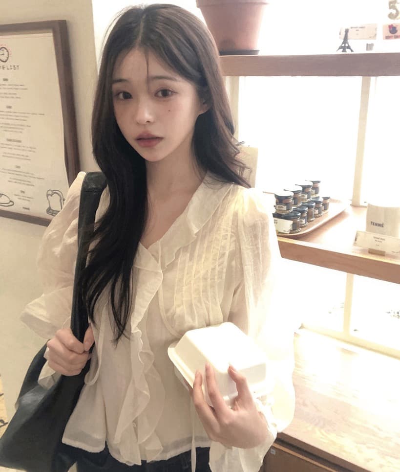 있음 창고 chic 달콤한 스타일 무거운 작업 플리츠 프릴 리본 얇은 스타일 여성 셔츠 상세 이미지 20