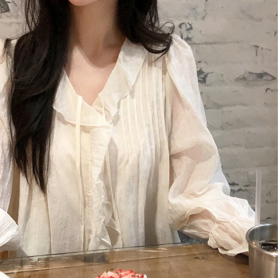 있음 창고 chic 달콤한 스타일 무거운 작업 플리츠 프릴 리본 얇은 스타일 여성 셔츠 상세 이미지 24
