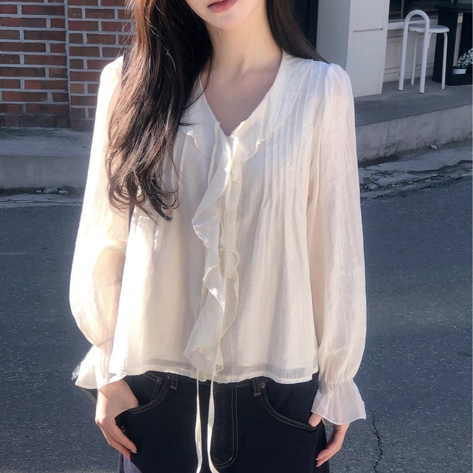 있음 창고 chic 달콤한 스타일 무거운 작업 플리츠 프릴 리본 얇은 스타일 여성 셔츠 상세 이미지 26