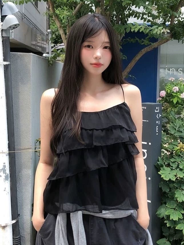재고 있음 chic 프릴 케이크 층 마이크로 ~을 통해 캐미솔 상세 이미지 1