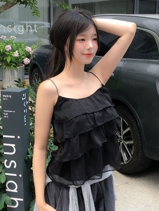 재고 있음 chic 프릴 케이크 층 마이크로 ~을 통해 캐미솔 상세 이미지 3