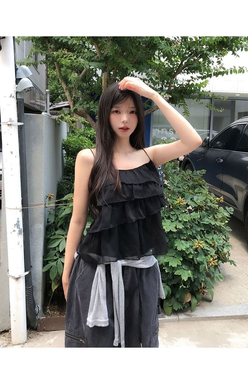 재고 있음 chic 프릴 케이크 층 마이크로 ~을 통해 캐미솔 상세 이미지 8
