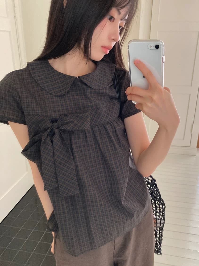 재고 있음 chic 한 여름 귀신 부서 소녀 레트로 디자인 센스 체크무늬 나비 매듭 베이비 칼라 셔츠