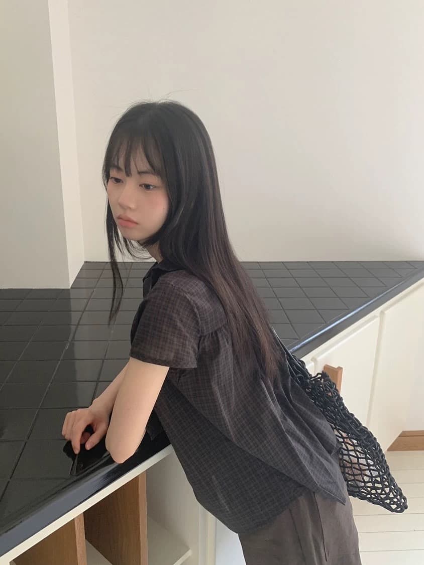 재고 있음 chic 한 여름 귀신 부서 소녀 레트로 디자인 센스 체크무늬 나비 매듭 베이비 칼라 셔츠 이미지 3