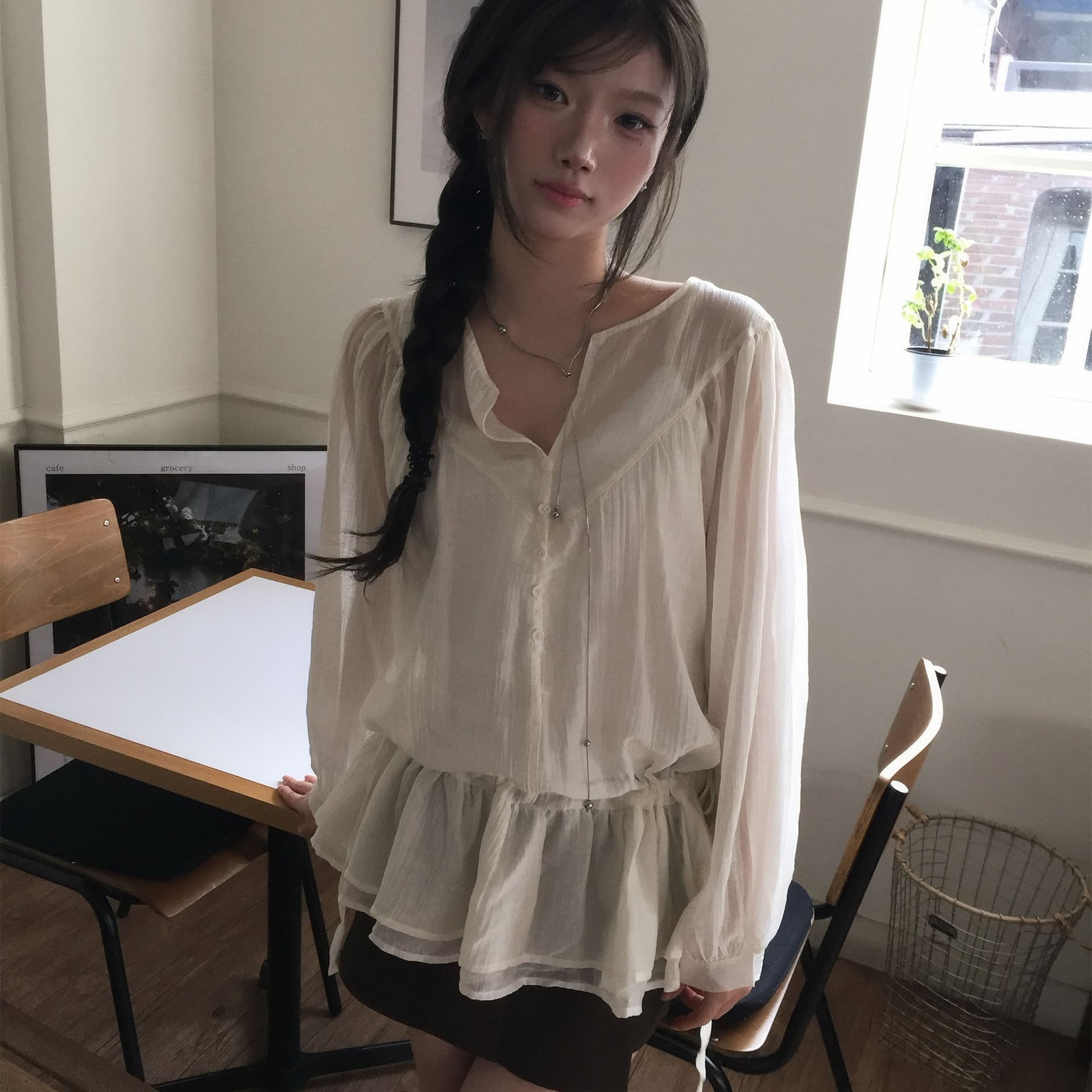 재고 있음 chic 한국 디자인 센스 펌프 로프 허리 수축 프릴 셔츠 상세 이미지 5