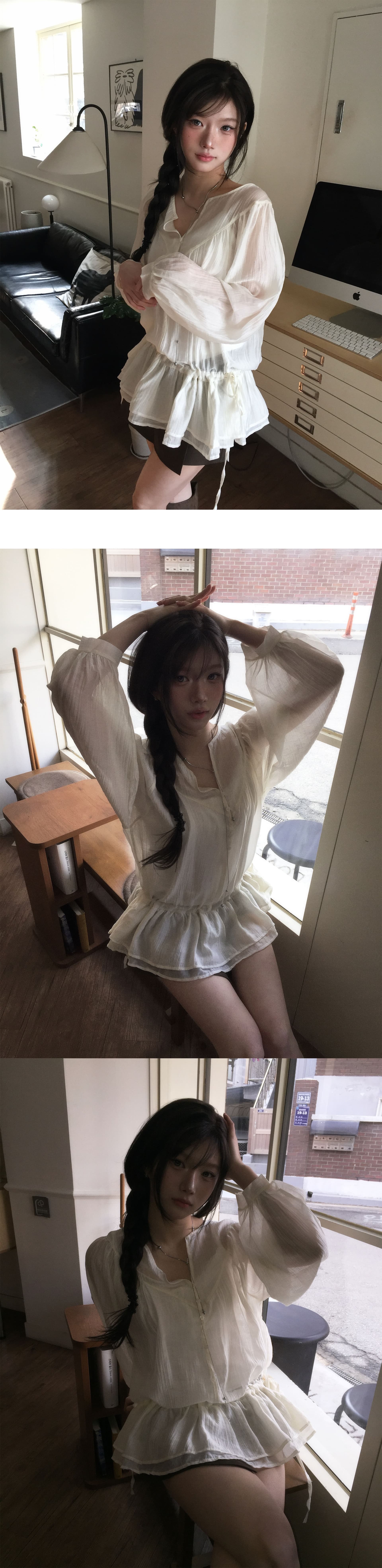 재고 있음 chic 한국 디자인 센스 펌프 로프 허리 수축 프릴 셔츠 상세 이미지 6