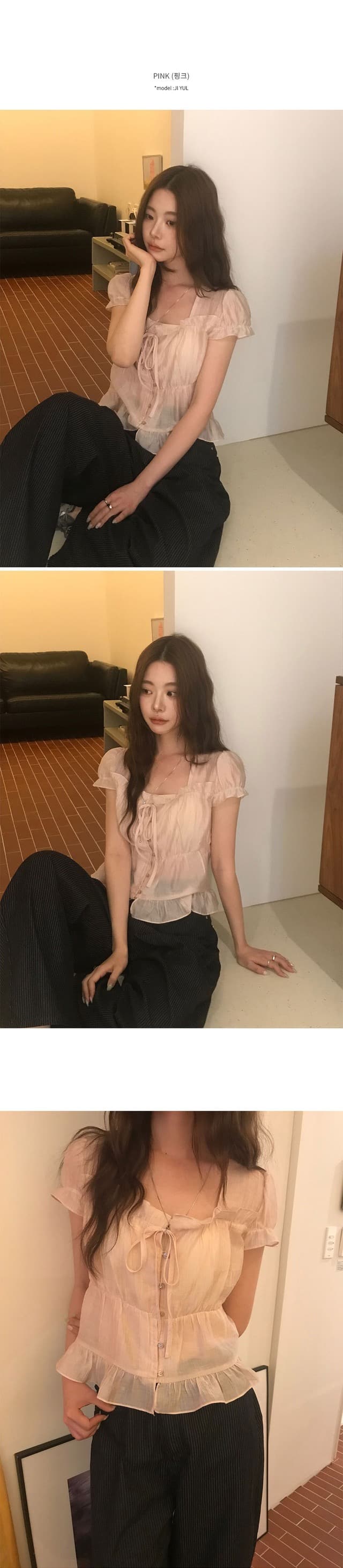 재고 있음 chic 한 부서 여름 프랑스식 달콤함 연령 감소 부드러운 프릴 주름 장식 허리 수축 반팔 쉬폰 셔츠 상세 이미지 7