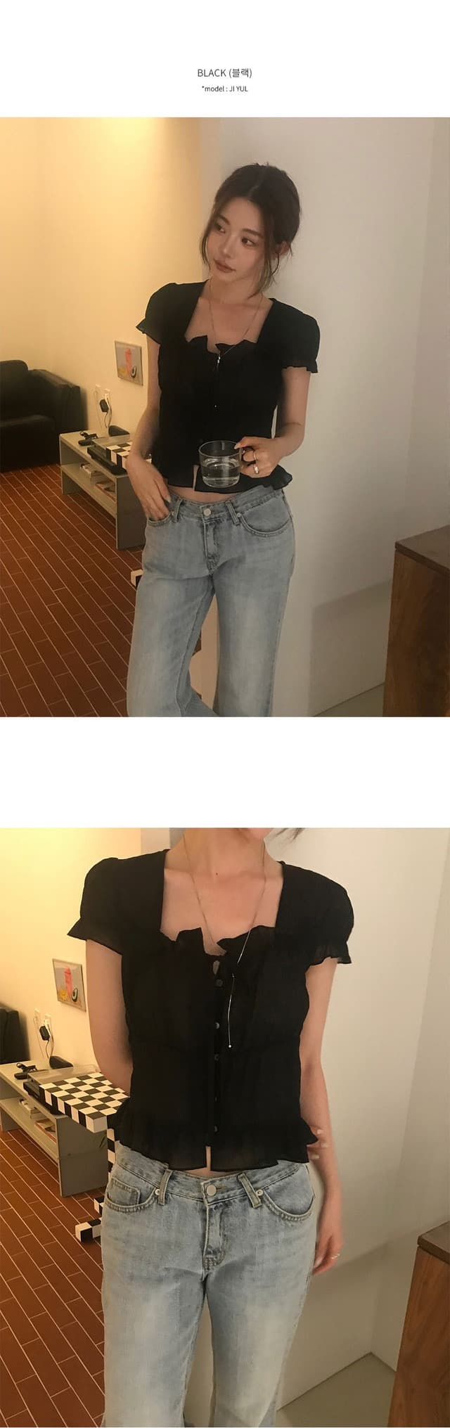 재고 있음 chic 한 부서 여름 프랑스식 달콤함 연령 감소 부드러운 프릴 주름 장식 허리 수축 반팔 쉬폰 셔츠 상세 이미지 12