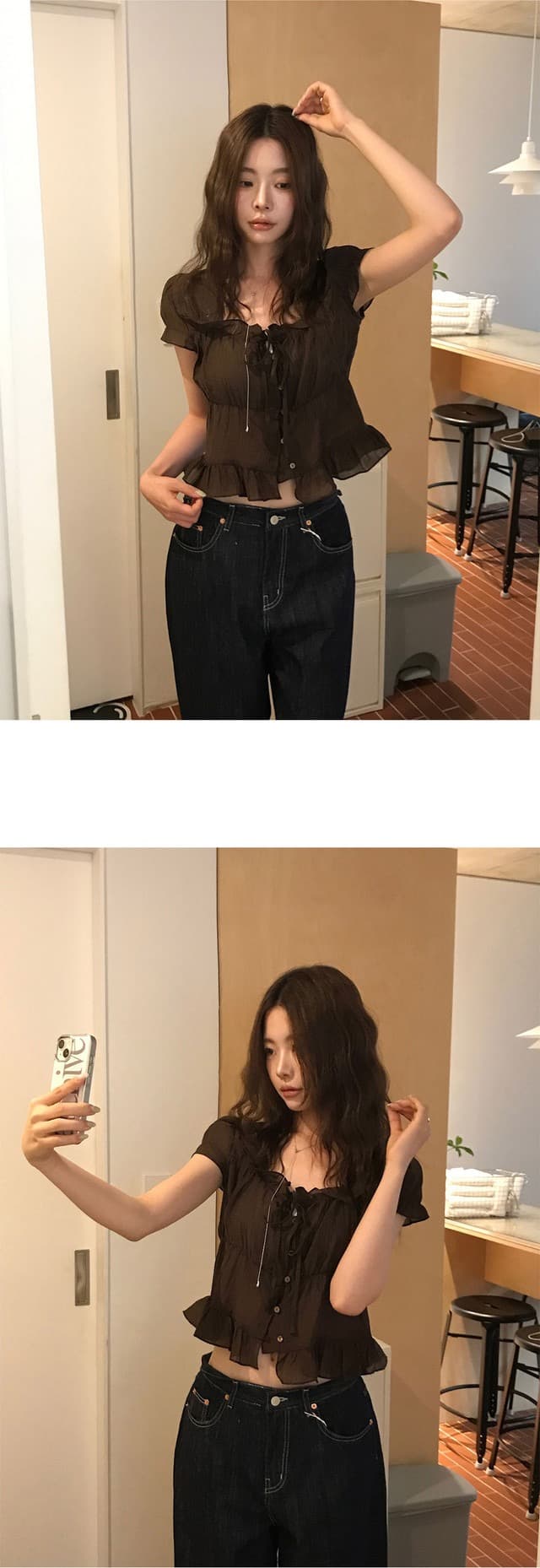 재고 있음 chic 한 부서 여름 프랑스식 달콤함 연령 감소 부드러운 프릴 주름 장식 허리 수축 반팔 쉬폰 셔츠 상세 이미지 13