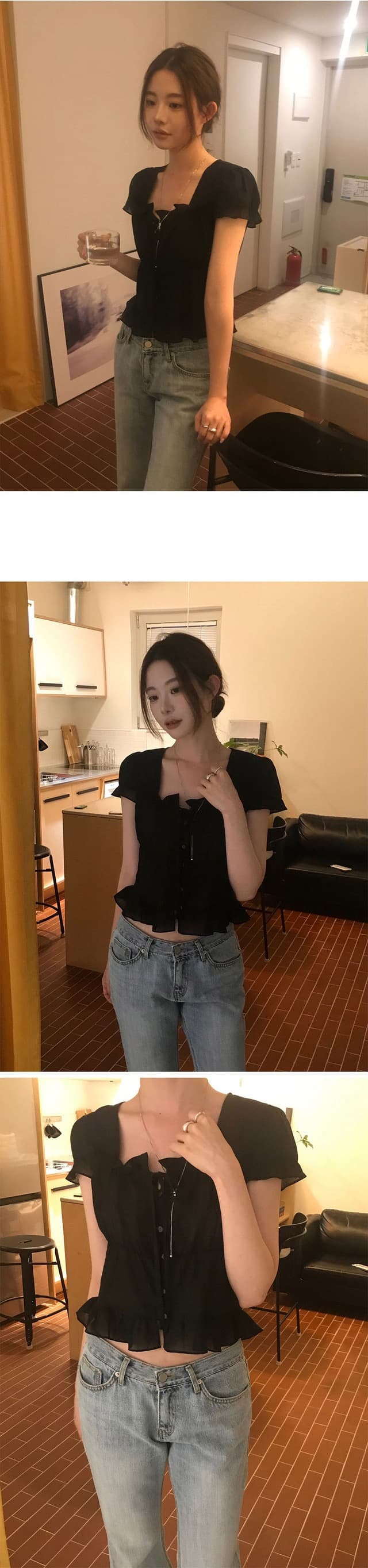 재고 있음 chic 한 부서 여름 프랑스식 달콤함 연령 감소 부드러운 프릴 주름 장식 허리 수축 반팔 쉬폰 셔츠 상세 이미지 14