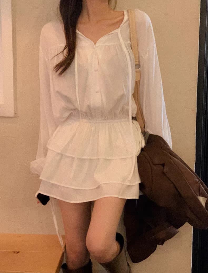 있음 선적 V넥 레이스업 허리 수축 프릴 셔츠 드레스 미니 스커트 상세 이미지 5