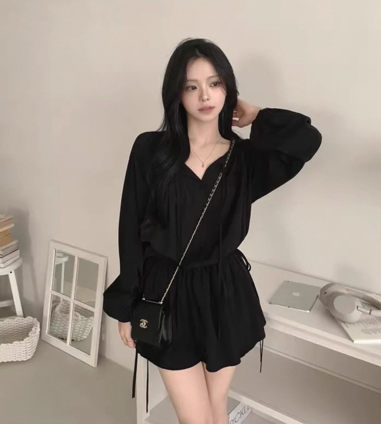 있음 선적 V넥 레이스업 허리 수축 프릴 셔츠 드레스 미니 스커트 상세 이미지 20