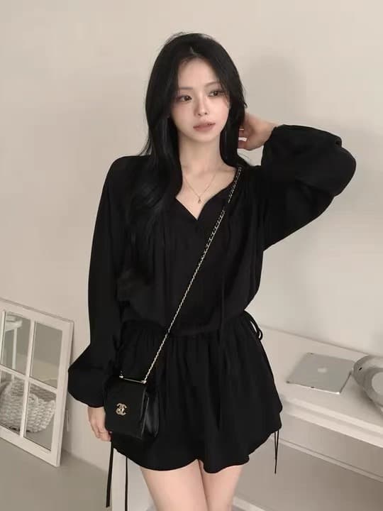 있음 선적 V넥 레이스업 허리 수축 프릴 셔츠 드레스 미니 스커트 상세 이미지 21