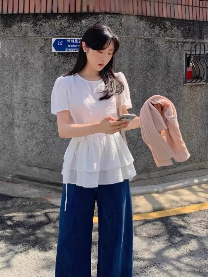 재고 있음 한국 ins 라운드 넥 주름 거품 소매 이중층 프릴 셔츠 이미지 2
