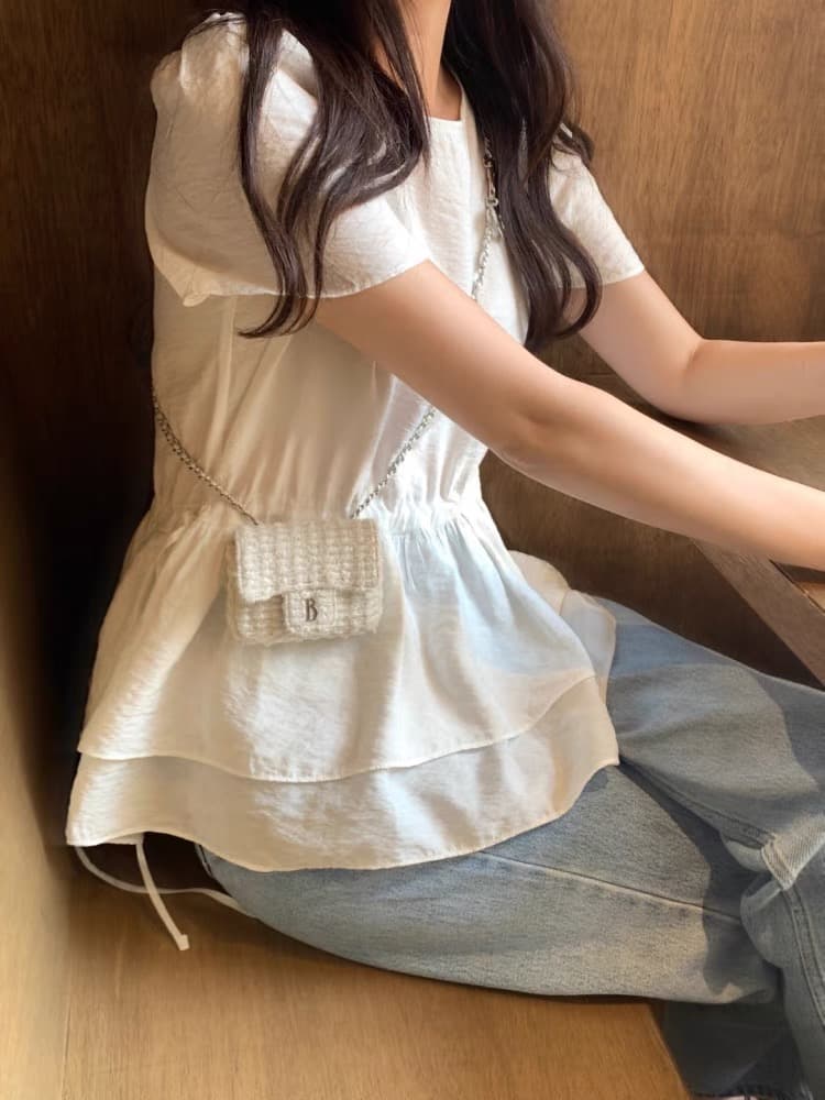 재고 있음 한국 ins 라운드 넥 주름 거품 소매 이중층 프릴 셔츠 상세 이미지 1