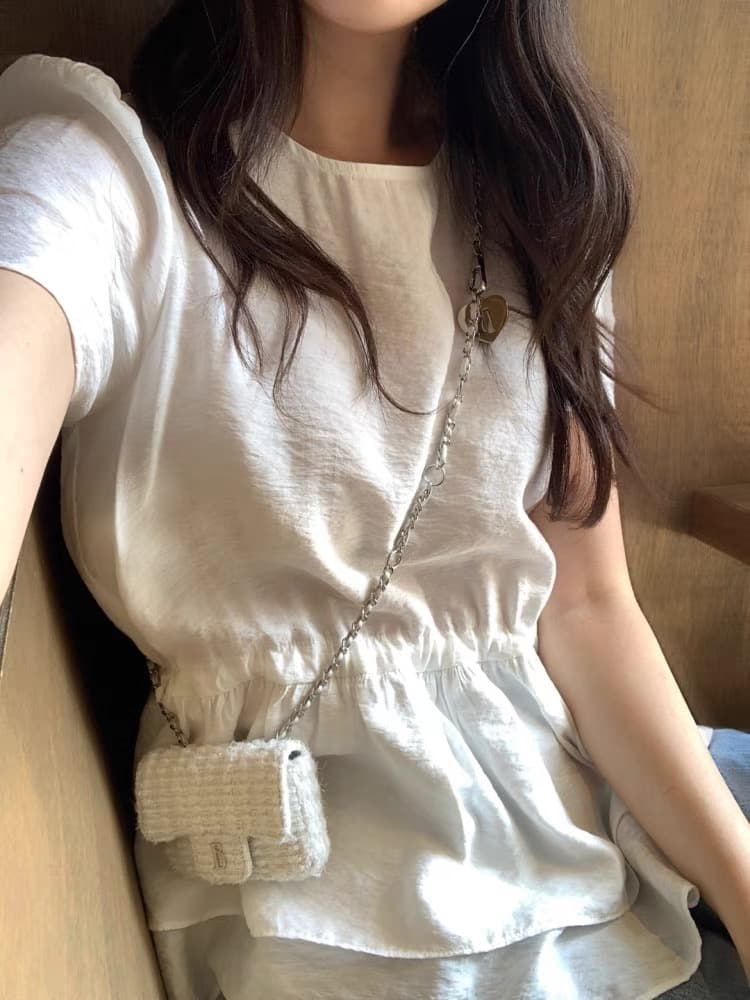 재고 있음 한국 ins 라운드 넥 주름 거품 소매 이중층 프릴 셔츠 상세 이미지 2