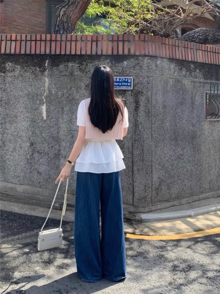 재고 있음 한국 ins 라운드 넥 주름 거품 소매 이중층 프릴 셔츠 상세 이미지 8
