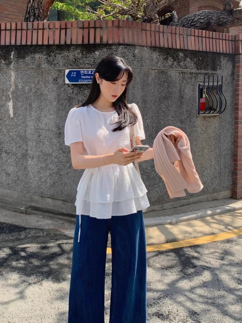 재고 있음 한국 ins 라운드 넥 주름 거품 소매 이중층 프릴 셔츠 상세 이미지 11