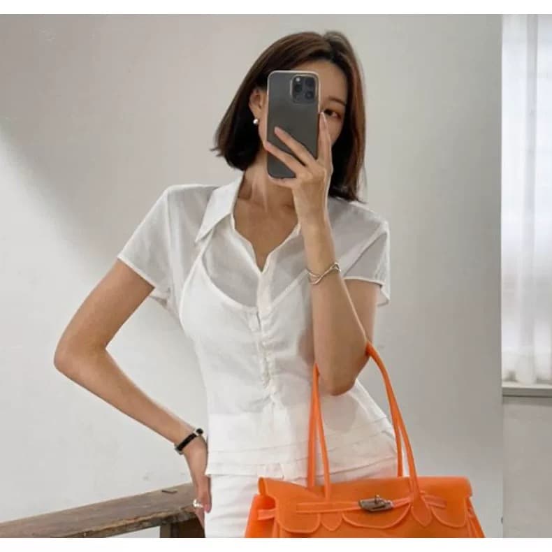 재고 있음 2026 여름 다용도 폴로 칼라 레이스업 행침 목 슬립 페이크 레이어드 반팔 셔츠 상세 이미지 13