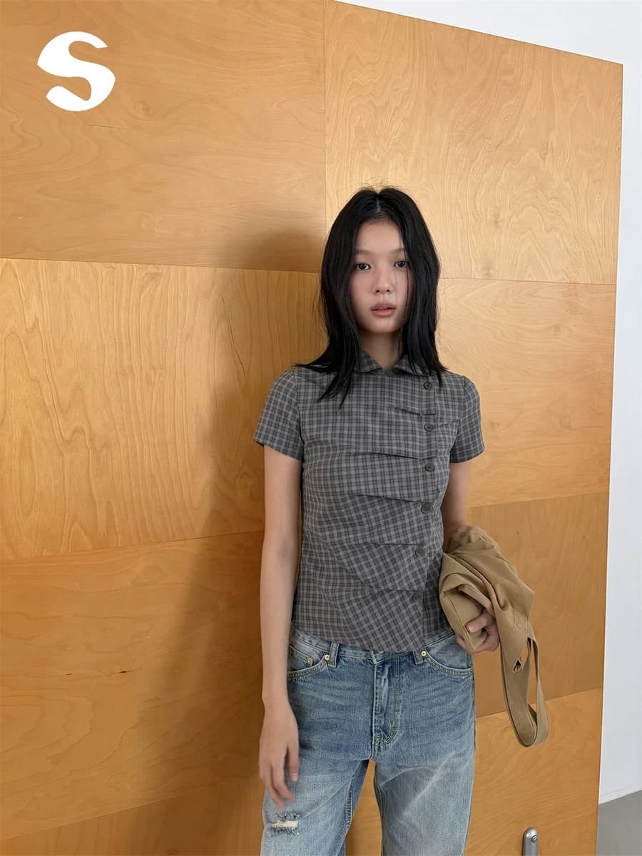 재고 있음 chic 여름 측면 단추 열기 아크 폴로 칼라 반팔 셔츠 2 색 이미지 3
