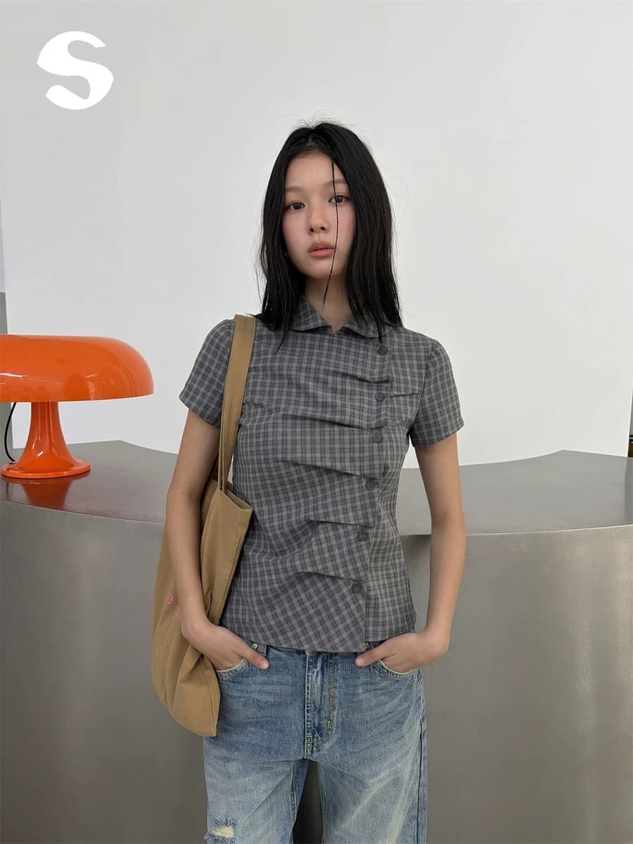재고 있음 chic 여름 측면 단추 열기 아크 폴로 칼라 반팔 셔츠 2 색 상세 이미지 1