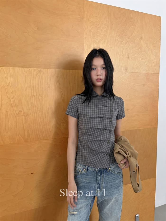재고 있음 chic 여름 측면 단추 열기 아크 폴로 칼라 반팔 셔츠 2 색 상세 이미지 2