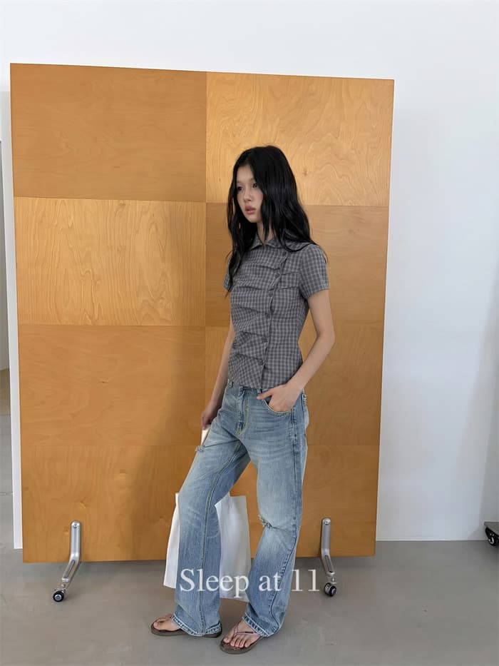 재고 있음 chic 여름 측면 단추 열기 아크 폴로 칼라 반팔 셔츠 2 색 상세 이미지 4