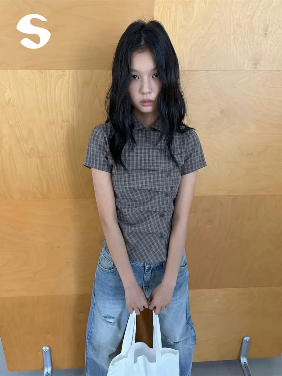 재고 있음 chic 여름 측면 단추 열기 아크 폴로 칼라 반팔 셔츠 2 색 상세 이미지 5