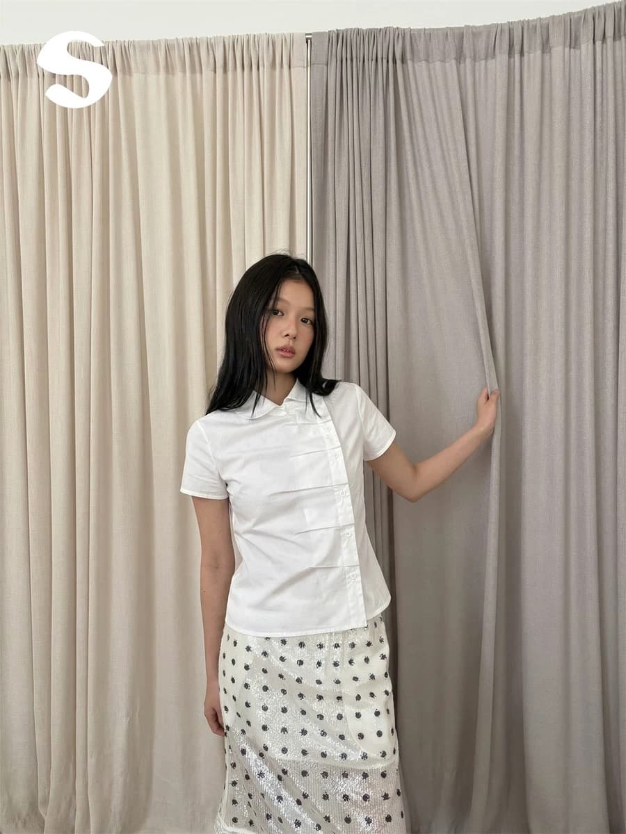 재고 있음 chic 여름 측면 단추 열기 아크 폴로 칼라 반팔 셔츠 2 색 상세 이미지 7