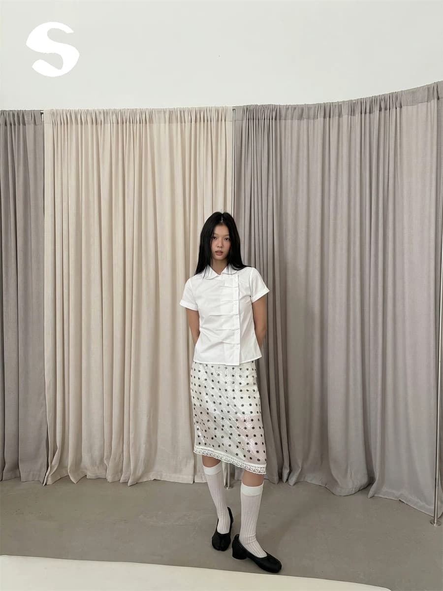 재고 있음 chic 여름 측면 단추 열기 아크 폴로 칼라 반팔 셔츠 2 색 상세 이미지 9