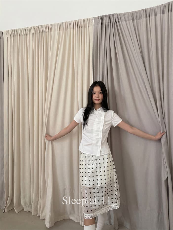 재고 있음 chic 여름 측면 단추 열기 아크 폴로 칼라 반팔 셔츠 2 색 상세 이미지 10