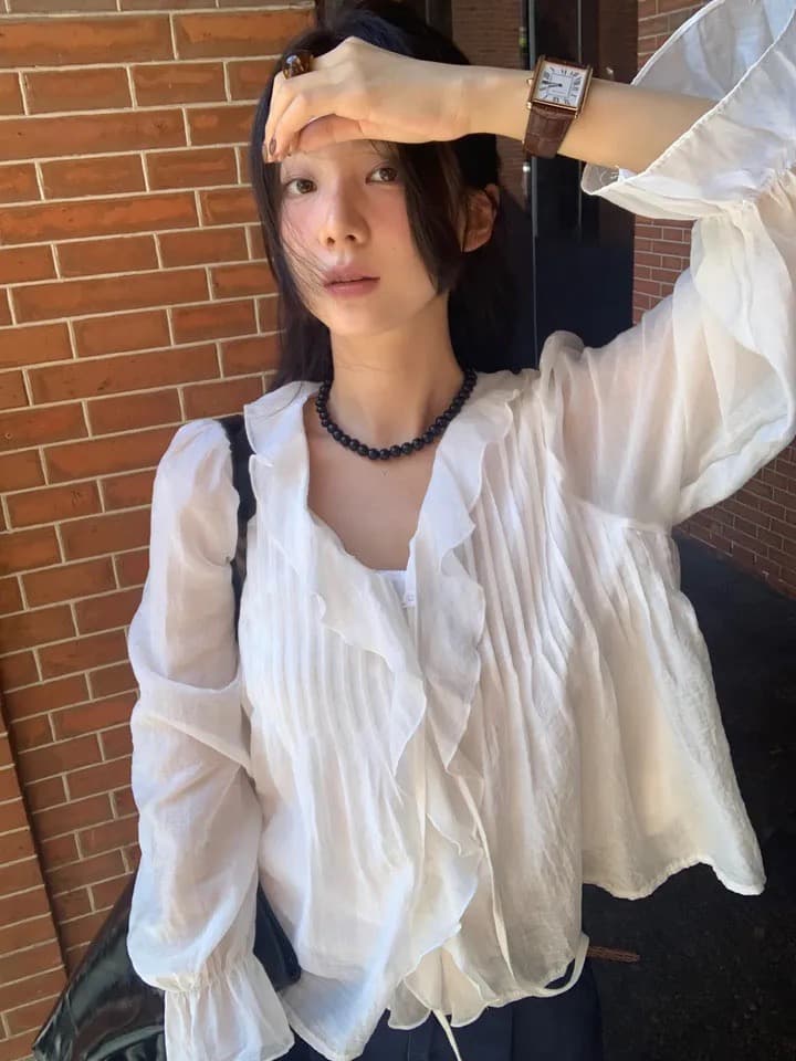 있음 창고 chic 달콤한 스타일 무거운 작업 플리츠 프릴 리본 얇은 스타일 여성 셔츠