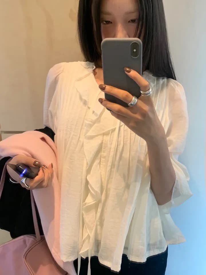 있음 창고 chic 달콤한 스타일 무거운 작업 플리츠 프릴 리본 얇은 스타일 여성 셔츠 상세 이미지 3